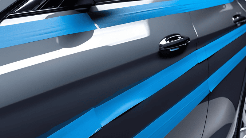 Some blue painter's tape is on the borders of the car's sections.