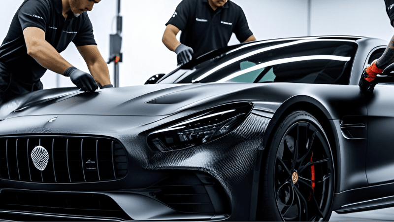 Three men are installing the Vantablack wrap.