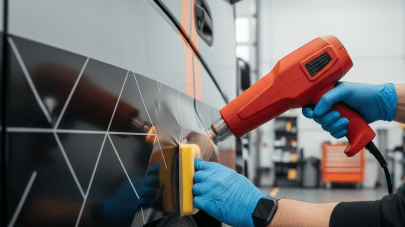 A heat gun is used to soften the truck wrap.