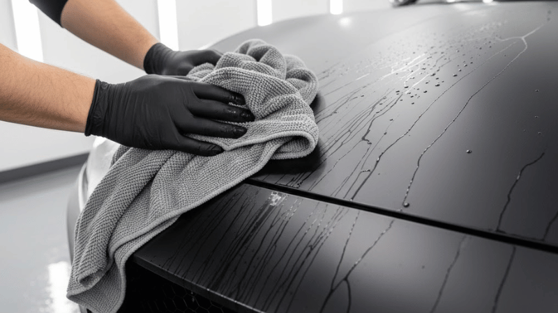 Use a car microfiber cloth to dry the black wrap surface.