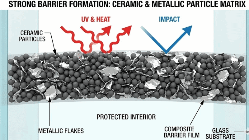 The ceramic and metallic particles in the window tint film form a strong barrier.