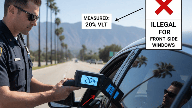 A man is checking the percentage of the car window tint.