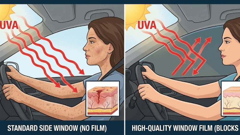 On the left, without film, UVA rays penetrate the standard window, causing visible skin damage. On the right, high-quality window film blocks the harmful rays.