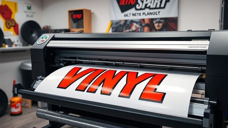 A close-up of a high-resolution printer printing vinyl sheets with vibrant colors.