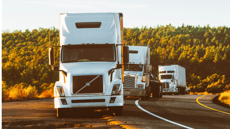 Commercial vehicles with window films are on the road, bathed in sunlight.