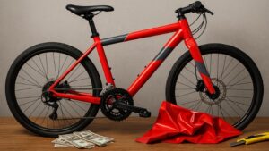Bicycle in process of being red vinyl wrapped