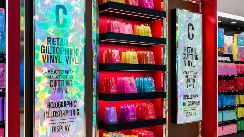 Signage created with holographic cutting vinyl used in retail displays attracts customers