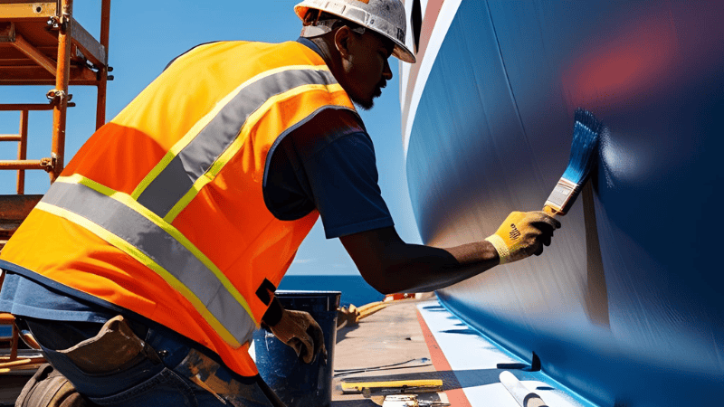 A picture of a worker painting on the ship