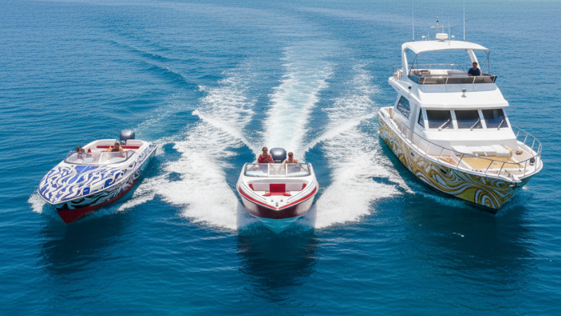 A small boat, speedboat and yacht