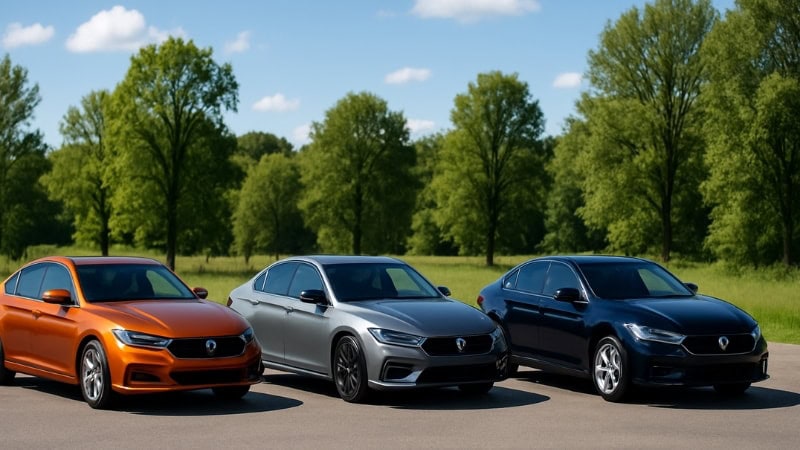 Three cars wrapped in three different vinyl finishes in a high-temperature environment.