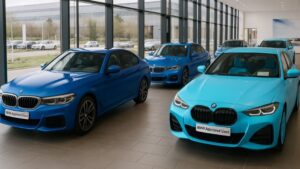 BMW wrapped in different blue vinyl wrap shades