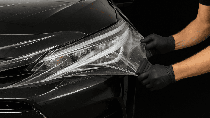 A professional applying Rock Chip PPF over a car