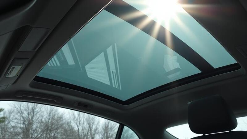 The sunlight shines on the car's roof window.