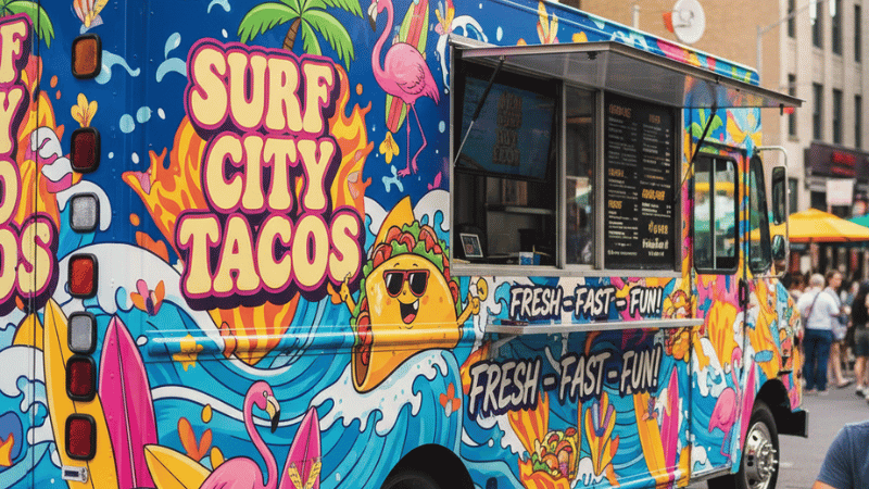 A food truck wrapped in custom vinyl wraps
