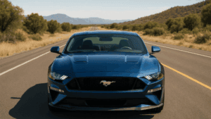 Mustang is moving on a countryside highway with its windscreen protected by a Film