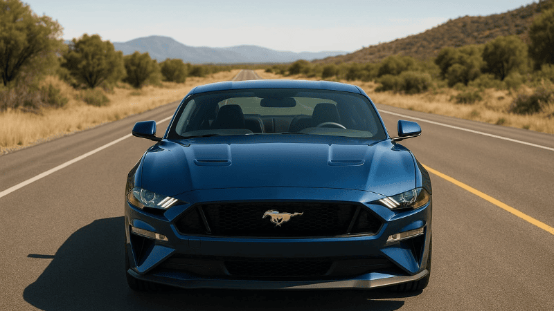 Mustang is moving on a countryside highway with its windscreen protected by a Film