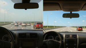 Windshield on left has no film while the windshield on right has protection film with clear visibility