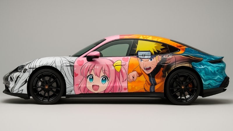Car wrapped in anime vinyl film with different designs