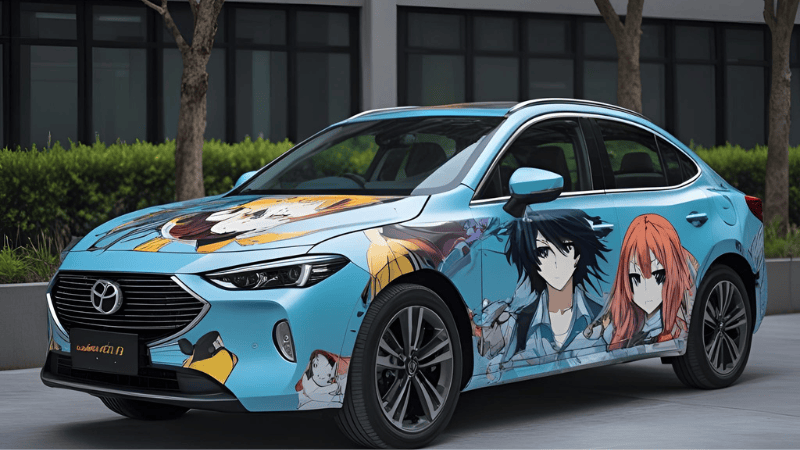 car with anime car wrap design