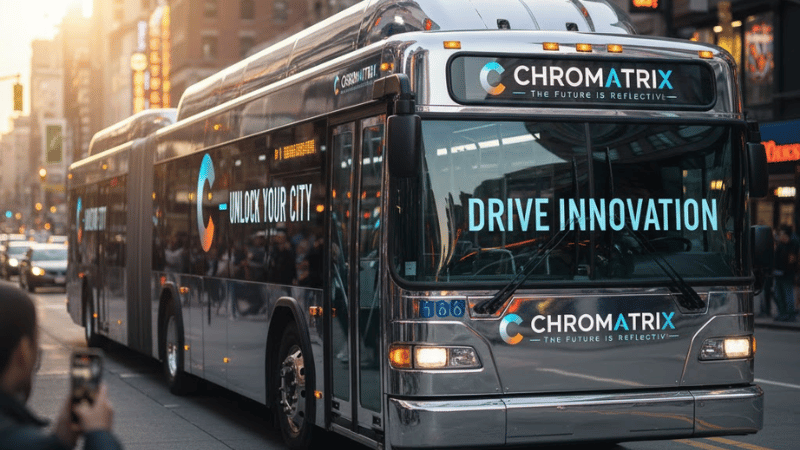 A bus with chrome wraps for branding and advertising