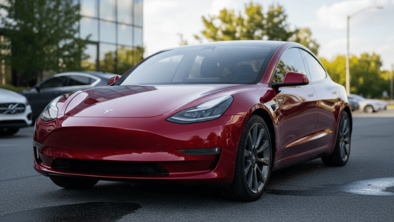 a Tesla Model 3 in red wrap