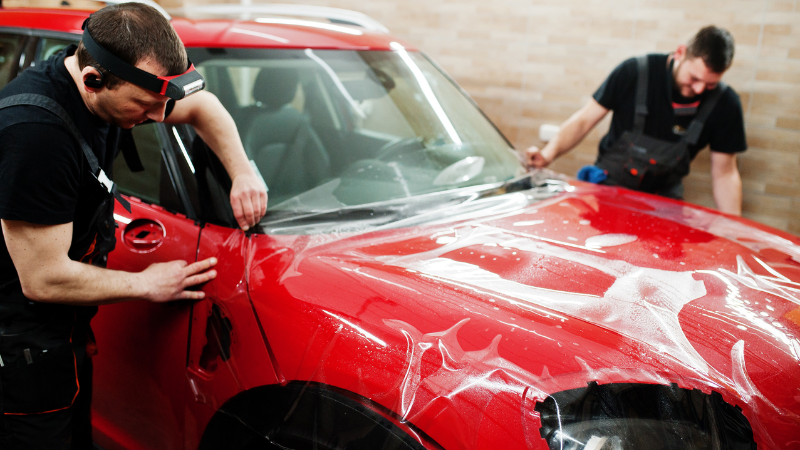 Two professionals are installing the PPF on a car.
