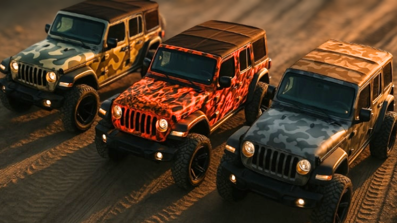 Jeeps in outdoor environment wrapped in different camouflage wraps
