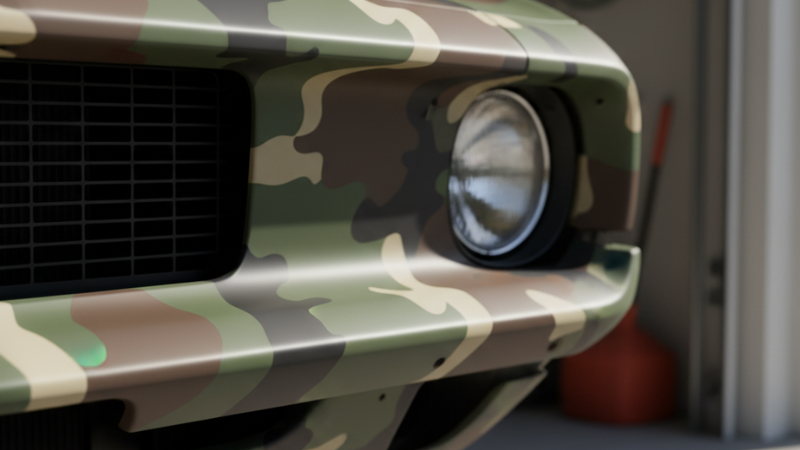 A car's Chrome Bumper is wrapped with camo wrap