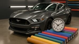 A Ford Mustang wrapped in grey vinyl parked in a studio with clock in front of it.