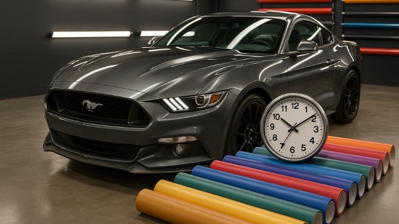 A Ford Mustang wrapped in grey vinyl parked in a studio with clock in front of it.