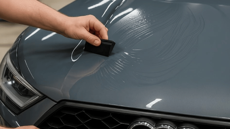 A man is applying the grey wrap.