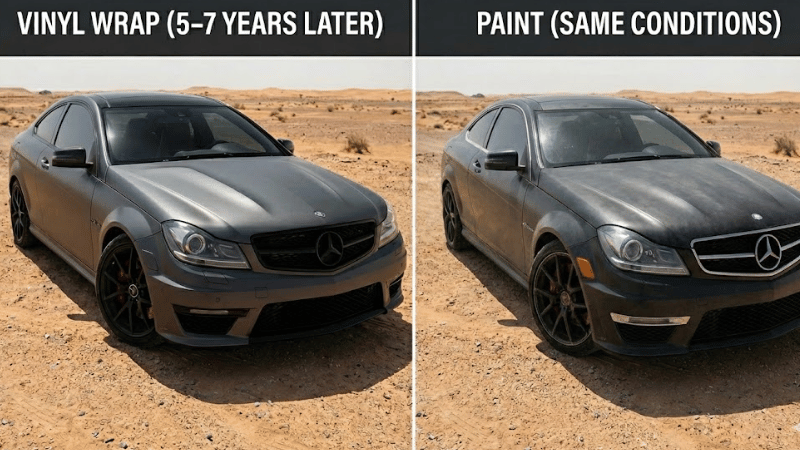 Vinyl wraps can maintain the look better than paint in the same conditions.