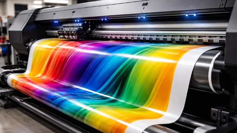 Commercial printer is printing on printable vinyl sheet