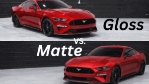 Comparison of Mustang wrapped in glossy and matte vinyl