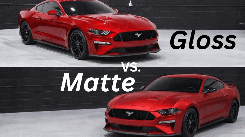 Comparison of Mustang wrapped in glossy and matte vinyl