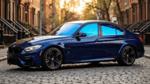 A car with blue window tint