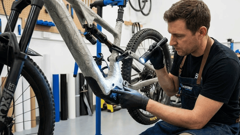 A man is inspecting the integrity of the bicycle wrap.