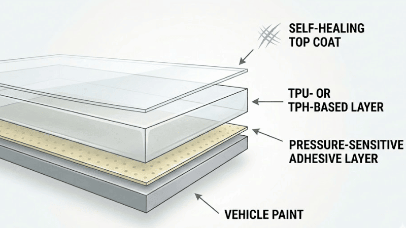 PPF includes Self-Healing Top Coat , TPU- or TPH-based layer and pressure-sensitive adhesive layer.
